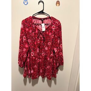 Lane Bryant Plus Size 22 24‎ Burgundy Red Floral Print Tie Neck Tunic Top